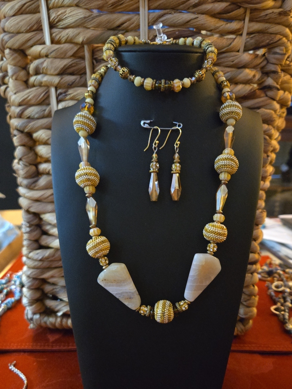 Gold-Tone Beaded Necklace With Stone Accents Earrings And Matching Bracelet
